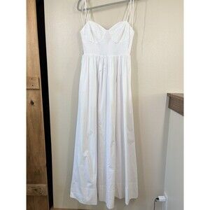 NWOT STAUD Landry Shoulder-Tie Smocked Cotton Maxi White Dress Stretch Waist L M